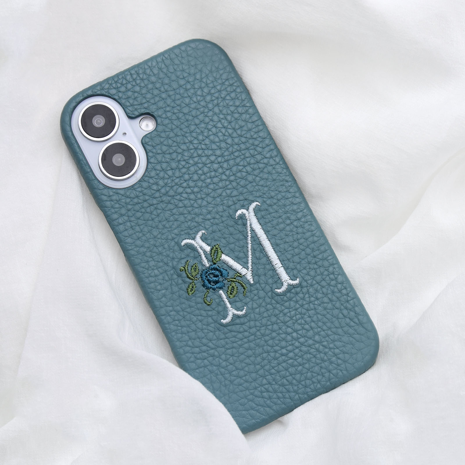 wrappi ラッピ 本革 スマホカバー フルレザー 刺繍 イニシャル 花柄 スマホケース 背面カバー 国産 シュリンクレザー 姫路レザー