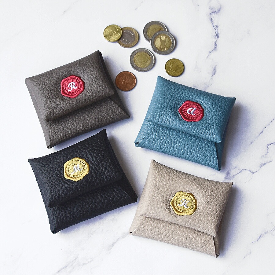 Calla Bellaオリジナル シーリングスタンプ風刺繍コインケース「シュリンクレザー」イニシャル名入れ対応