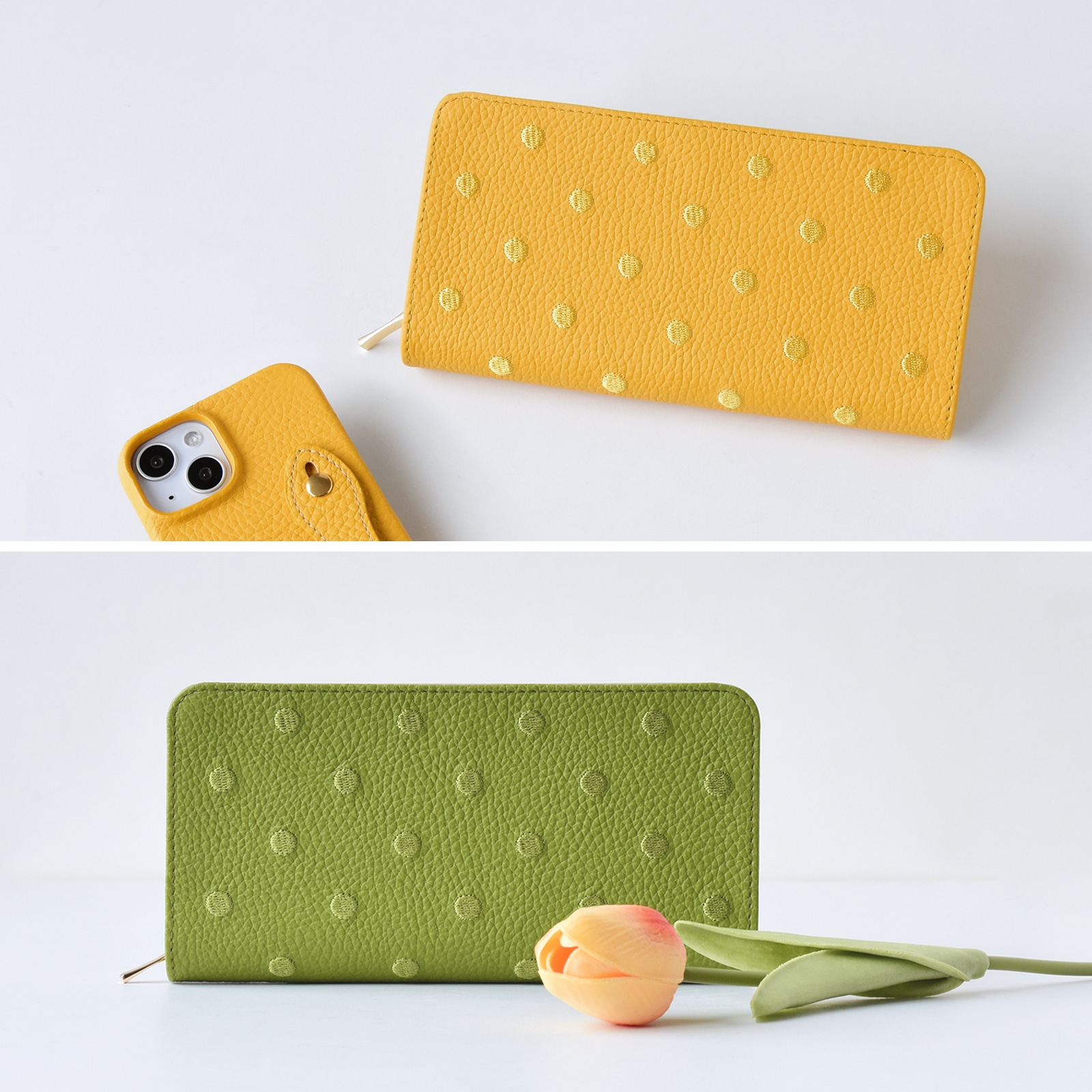 二つ折り 長財布 シュリンクレザー 刺繍 ドット柄
