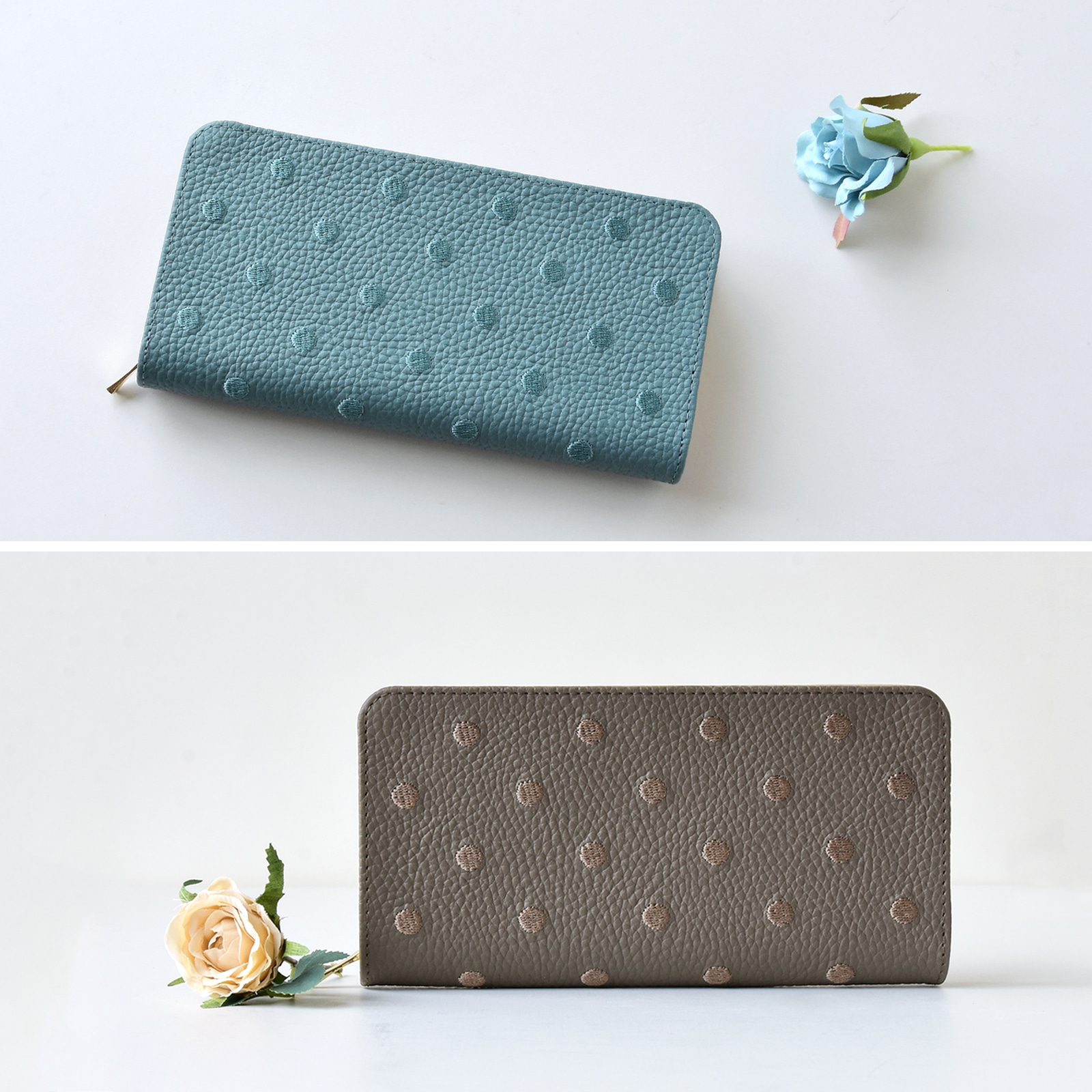 二つ折り 長財布 シュリンクレザー 刺繍 ドット柄