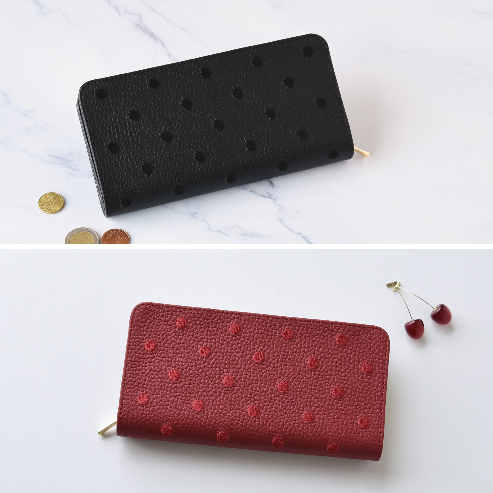 二つ折り 長財布 シュリンクレザー 刺繍 ドット柄